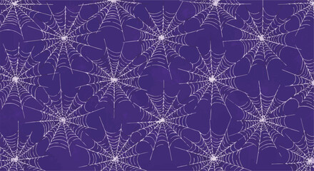 Creepy Halloween spiderweb pattern, a seamless digital background asset with white webs on a vibrant purple field.