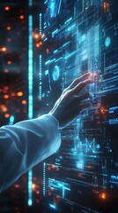 Person in lab coat interacting with futuristic digital data interface technology photo