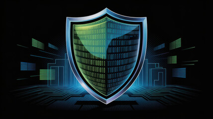 Digital shield with binary code inside, representing cybersecurity and data protection on a futuristic circuit board background