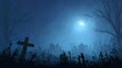 © Mufarokah - Graveyard scene at night, with moon, crosses, and zombie hands reaching up