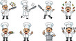 © Biplob Creatives - Cartoon chef characters cooking food, holding kitchen utensils, happy cook illustration, restaurant kitchen, culinary art, professional chef, gastronomy, delicious meal preparation