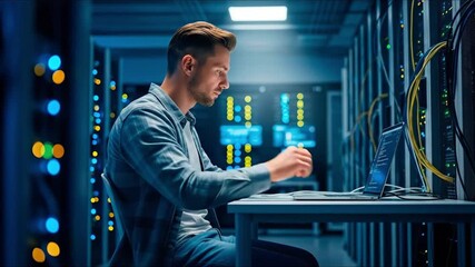 A focused IT professional working on a laptop in a modern server room filled with data racks and networking cables.