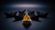 © Maeva - Golden Paper Boat Leads Many Black Paper Boats in a Leadership Concept