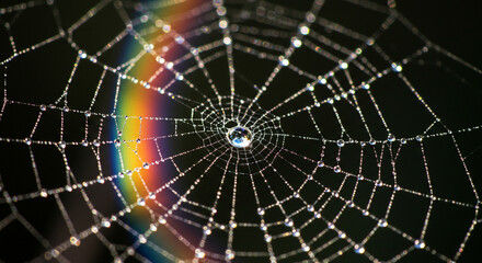Raindrops on Spiderweb with Rainbow Reflections