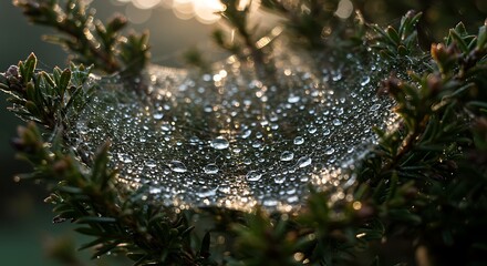 Sparkling Dew Drops on Spiderweb in Morning Light.