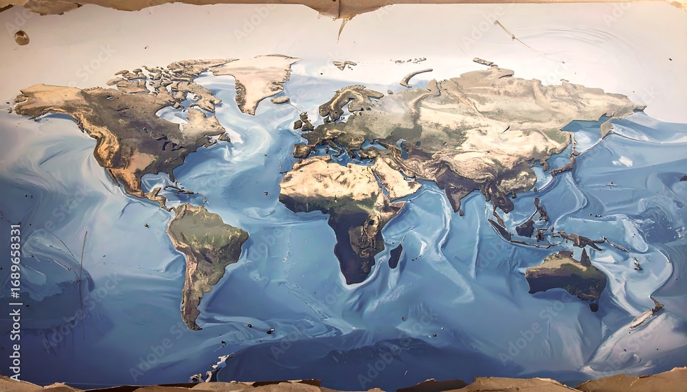 Detailed world map with textured ocean waves and land Stock Photo ...