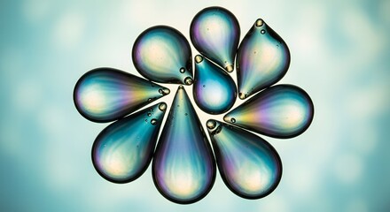 Abstract arrangement of iridescent teardrop shapes with a soft blue bokeh background representing water droplets