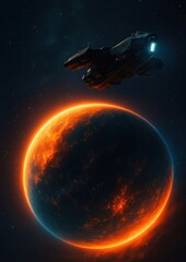 Wall Mural - Futuristic spacecraft orbiting fiery planet.