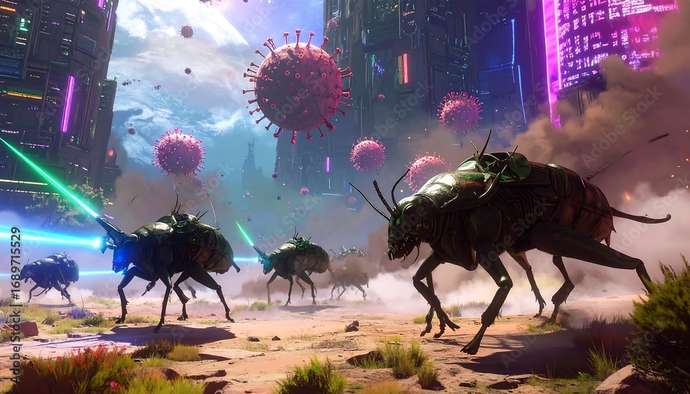Futuristic city under attack by giant insects and viral outbreak Stock ...