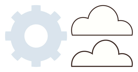 Gear alongside two cloud outlines emphasizes technological connection, development, and automation. Ideal for technology, cloud computing, innovation, industry, data processing, networking simple