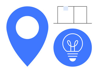 Blue location pin, lightbulb signifying ideas, and simple window line art. Ideal for navigation, innovation, minimalism, creativity, design, technology and a simple landing page