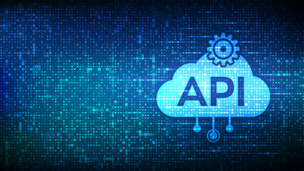 Application Programming Interface icon made with binary code. API technology concept. Software development tool. Data integration. Digital binary code background with digits 1.0. Vector Illustration.