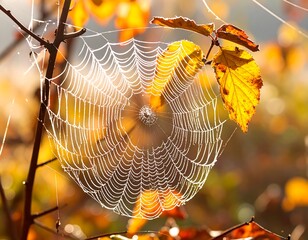 Intricate spider web glistening in autumn sunlight
