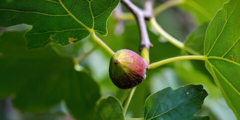 A single fig fruit hangs from a branch, surrounded by lush green leaves.