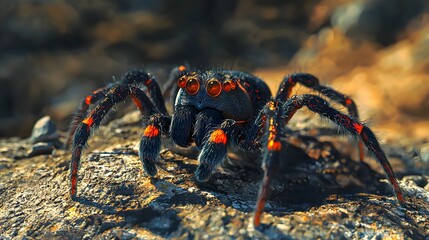 A detailed macro shot of a hairy, formidable spider, showcasing its intricate features against a backdrop of textured rock.