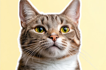 close-up portrait of a curious tabby cat with vivid green eyes, detailed fur texture, and whiskers, 