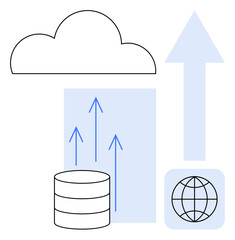 Wall Mural - Cloud above database, globe symbol with upward arrows illustrating data transfer, cloud storage, global reach. Ideal for technology, innovation, data flow, networking, digital transformation