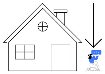 House with windows, chimney, and coder holding a laptop featuring code. Ideal for real estate, remote work, coding, freelancing, digital nomadism, software development simple landing page