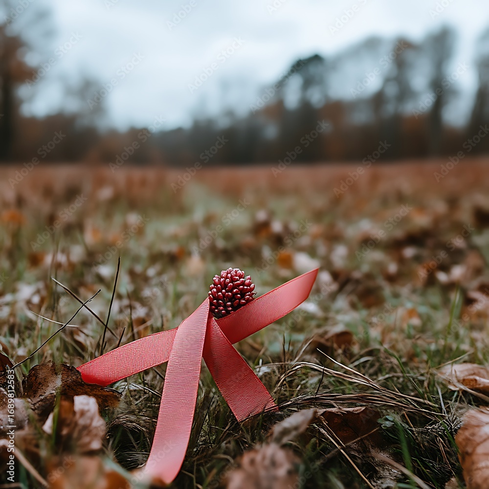 A crimson ribbon tied around a small, red ornament rests on a bed of ...