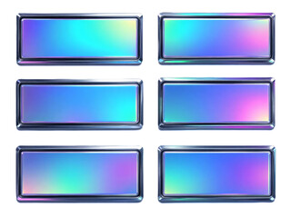 A collection of isolated, holographic text boxes with metallic frames on a light background.