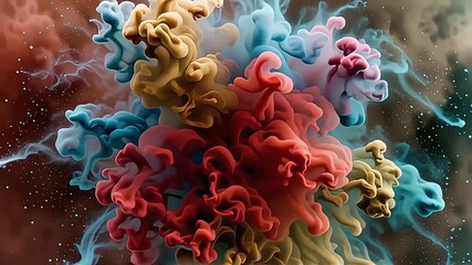 Vibrant colorful ink clouds exploding in water, creating abstract fluid art.