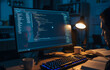 © sato - 夜のデスクでコーディングに集中するプログラマーと光るキーボード