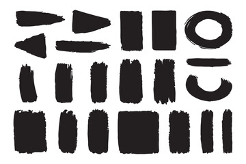 Wall Mural - Set of bold dried brush strokes isolated on white, including grunge acrylic textures, hand-drawn thick lines, rectangles, banners, sketchy horizontal strokes, black ink traces, and stencil silhouettes