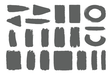 Wall Mural - Set of bold dried brush strokes isolated on white, including grunge acrylic textures, hand-drawn thick lines, rectangles, banners, sketchy horizontal strokes, black ink traces, and stencil silhouettes