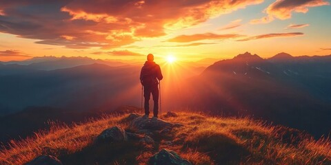 Wall Mural - Silhouette of a hiker standing on a mountain peak watching a vibrant sunrise over distant mountain ranges with glowing sky and scattered clouds