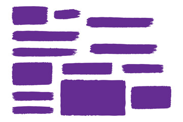 Wall Mural - Set of bold dried brush strokes isolated on white, including grunge acrylic textures, hand-drawn thick lines, rectangles, banners, sketchy horizontal strokes, black ink traces, and stencil silhouettes