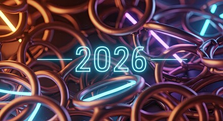 Wall Mural - Glowing '2026' Amidst Intertwined Rings: Futuristic, Metallic, and Vibrant