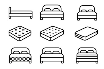 Bed and mattress line icon set. Bedroom furniture, sleep and rest symbols. Orthopedic mattress pictogram collection for UI, web, app. Vector outline icons with editable stroke.
