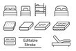 © Constance - Bed and mattress thin line icon set. Editable stroke vector pictograms. Furniture for sleep, bedroom and rest. Double, single, bunk bed, orthopedic mattress symbols. Hotel.