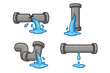 © Sanda - Set of broken pipes leaking water vector cartoon illustrations. Plumbing problems, burst pipe emergency, water damage and repair concept. Isolated collection for graphic design.
