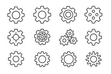Gear and cogwheel thin line icon collection. Vector set of mechanical cog wheel symbols for settings, options, and process concepts. Editable stroke for web and app design.