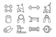 © Permelia - Fitness equipment line icon set. Gym and workout tools collection. Vector illustration in outline style. Dumbbell, treadmill, kettlebell, exercise bike, sport symbols.