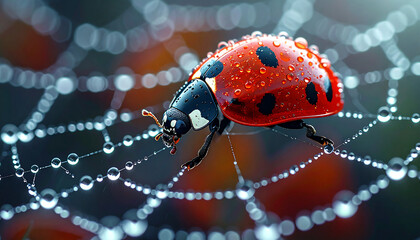 A detailed macro shot captures a vibrant red ladybug navigating an intricate spiderweb adorned with glistening morning dew drops