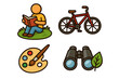 © Eveline - Set of hobby and outdoor activity icons. Person reading a book, bicycle for biking, art palette for painting, and binoculars for nature exploration. Leisure pastime vector symbols.