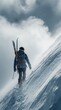 © EssentialLiving - Skier ascends a steep, snow-covered mountain slope under a cloudy sky, carrying skis and a backpack. Stark lighting highlights the snowy terrain