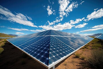 Wide view of large solar panel array under bright blue sky with scattered clouds in a desert landscape