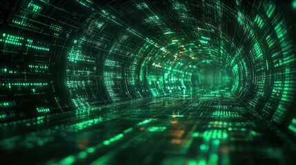 Futuristic digital tunnel glowing with green and yellow matrix-like code patterns extending into the distance creating a sense of depth and technology