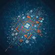 © Ikhbal - An illustration of a computer processor with intricate circuit connections on a dark blue patterned background.