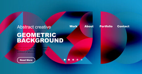 Modern website design features vibrant geometric shapes, text overlay, navigation menu. Pink, blue hues dominate visual presentation.