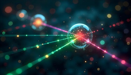 Quantum computing inspired background with entangled particles and light beams, dark space theme with vibrant highlights .