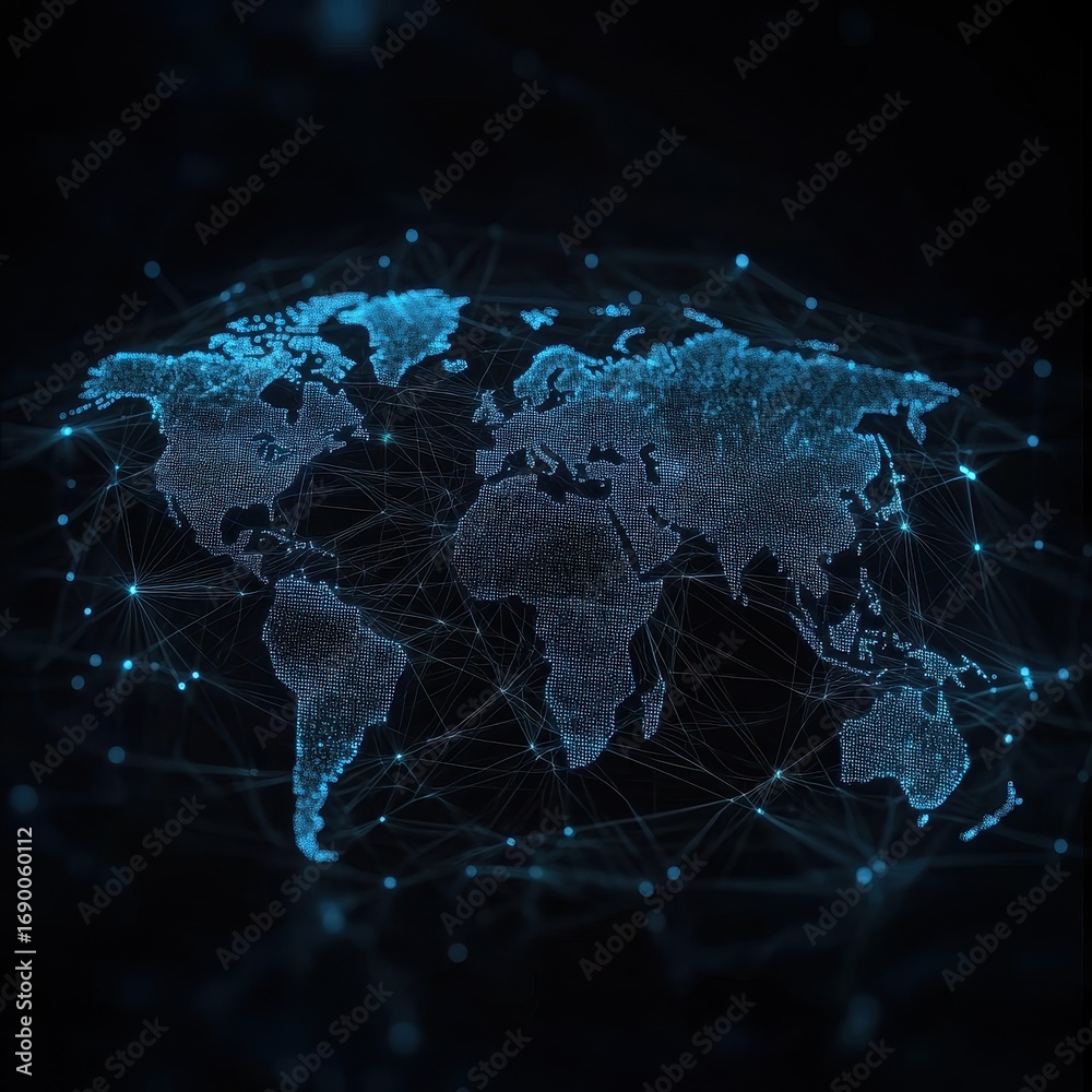 Abstract digital world map built from floating holograms and luminous ...