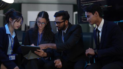 A team of AI developers and data scientists has a late-night strategy session. They are reviewing the performance data of their machine learning model on a tablet and computer.