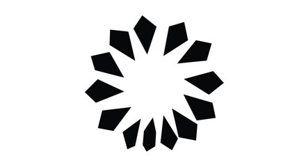 Abstract black geometric symbol with twelve radiating shapes forming a circular design on a white background.