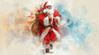 © d - Santa Claus joyfully carries gift sack, surrounded by colorful splashes, embodying festive spirit. His traditional red suit and white beard create classic holiday scene