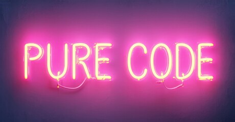 Bright pink neon sign displays words Pure Code against purple wall. Simple, modern aesthetic. Minimalist design, vibrant illumination.