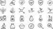 © allustra - Herbal medicine and natural remedies outline icons set, organic healthcare with plants, leaves, supplements, laboratory science, microscope, and wellness.